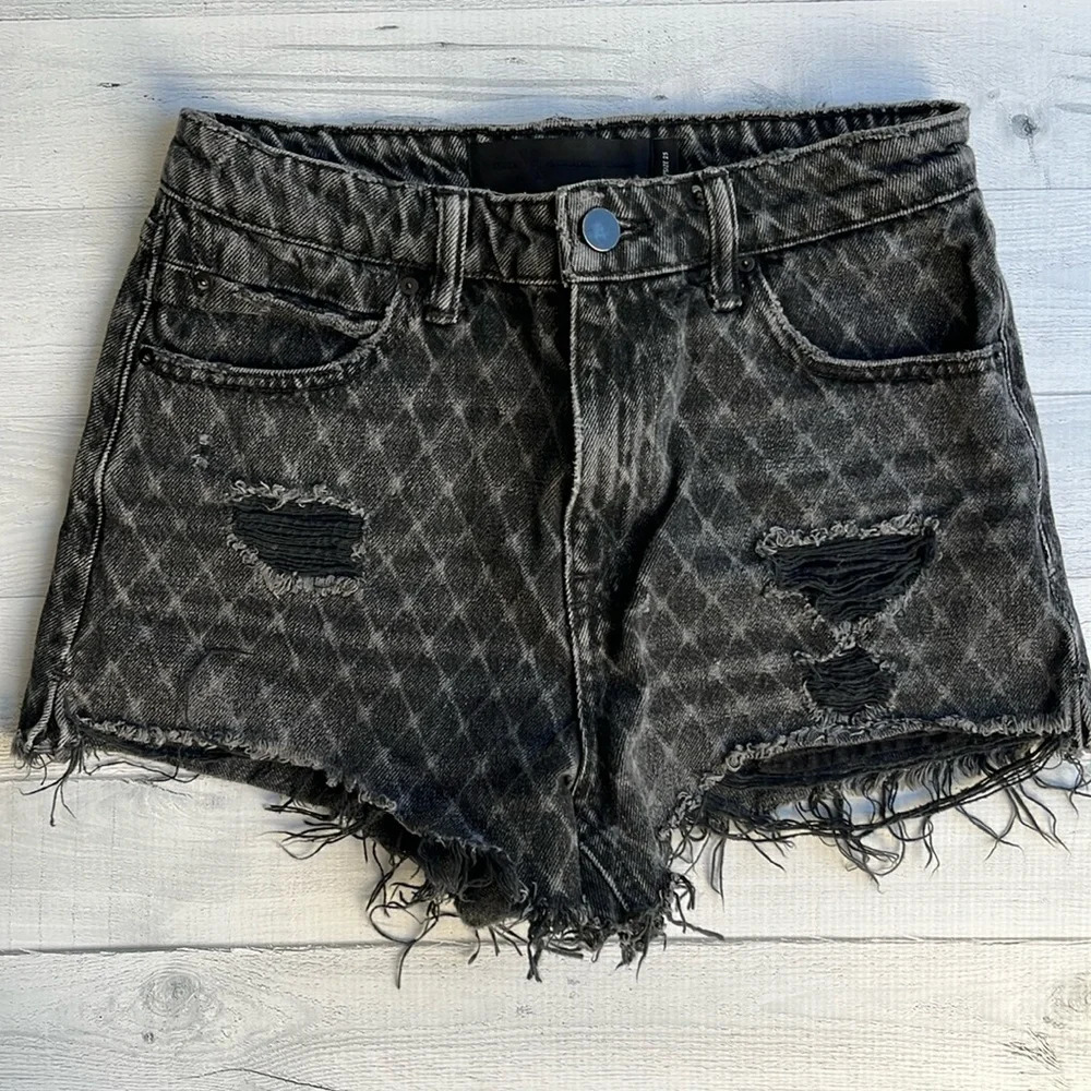 Alexander Wang X Denim Faded Black Net Print Bite High Waist Cut Off Shorts 25